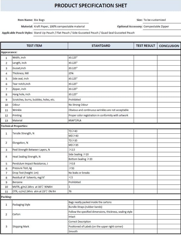 Compostable + Biodegradable Stand Up Pouches Spec Sheet