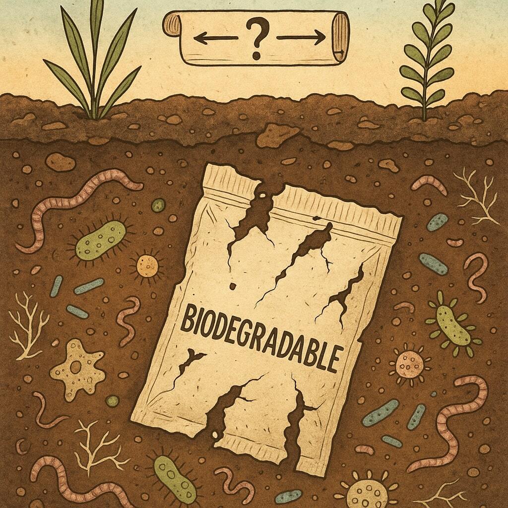 Illustration of a biodegradable pouch breaking down in natural soil with microorganisms and an abstract timeline showing uncertain decomposition periods.