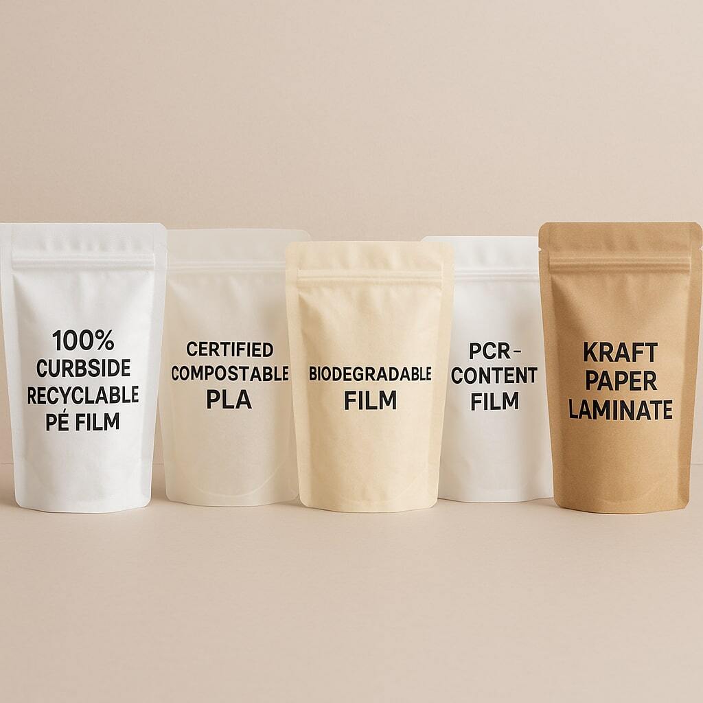 Array of sustainable flexible packaging: a 100% curbside recyclable PE film pouch, a certified compostable PLA pouch, a biodegradable film pouch, a PCR-content film pouch, and a kraft paper laminate pouch, each labeled with material type against a neutral backdrop.