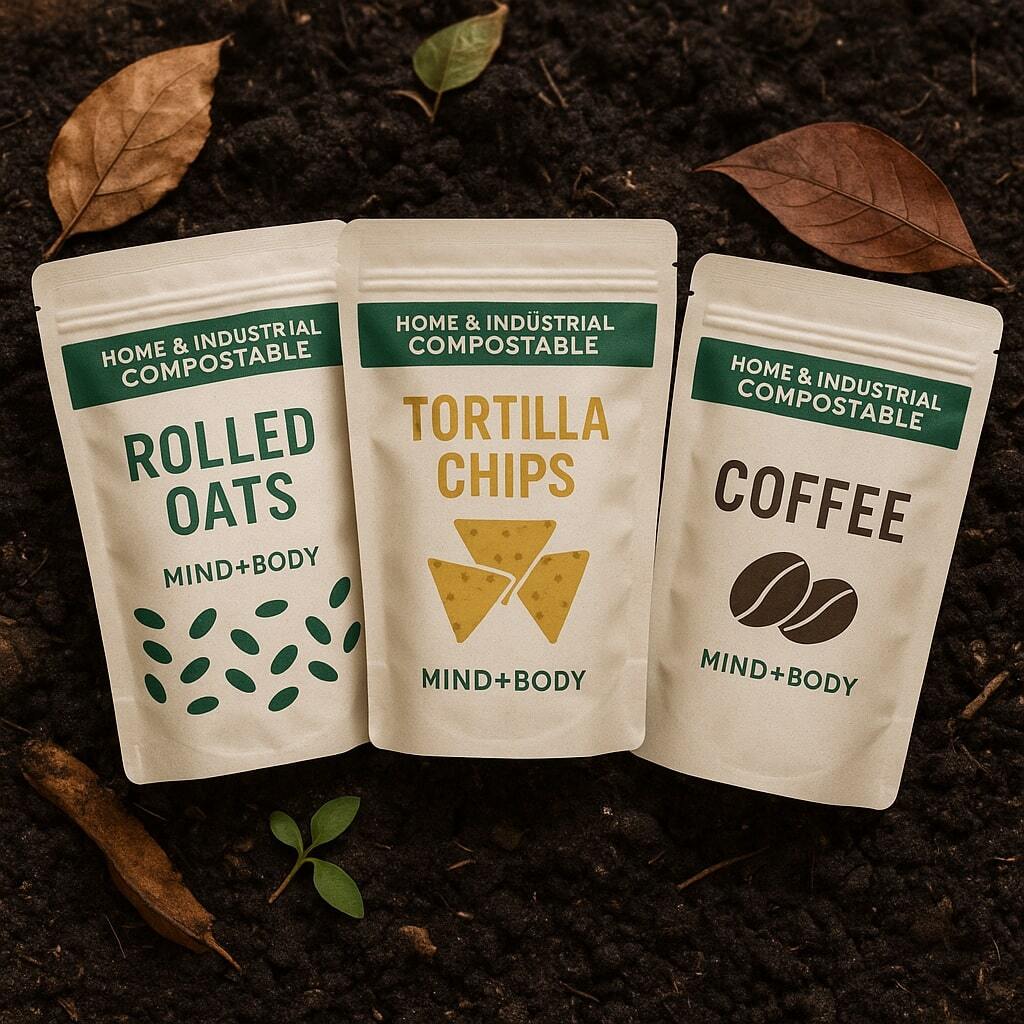 Home and industrial compostable flexible pouches made from PLA, cellulose, and bio-resins, arranged with compost pile elements like leaves and soil.