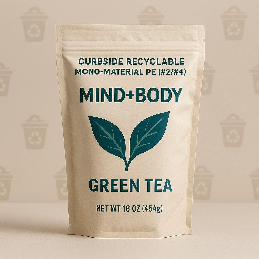Close-up of a curbside recyclable mono-material PE pouch labeled #2/#4, set against a neutral backdrop with subtle recycling bin icons.