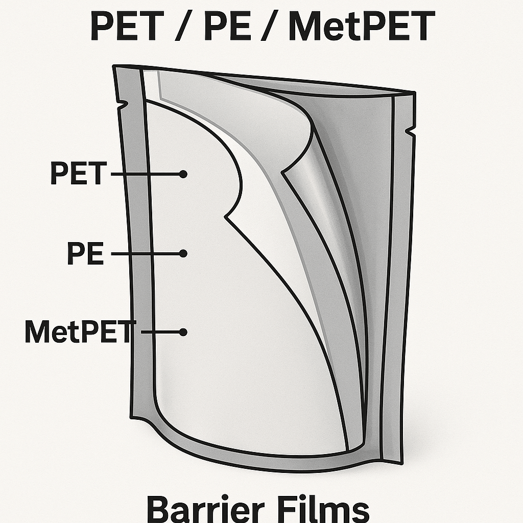 Cross-section diagram showing 3-layer pouch structure with barrier materials labeled.