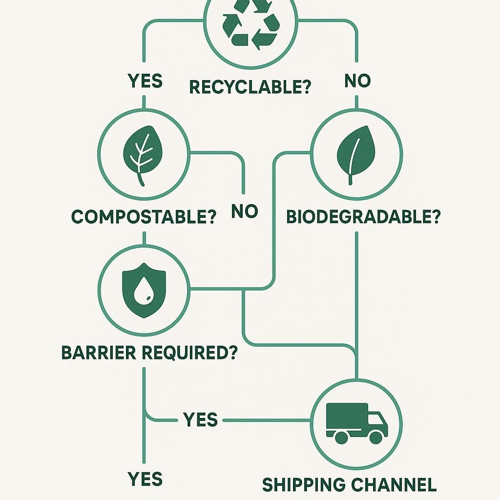 Graphic decision tree with icons for recyclability, compostability, biodegradability, barrier requirements, and shipping channels.