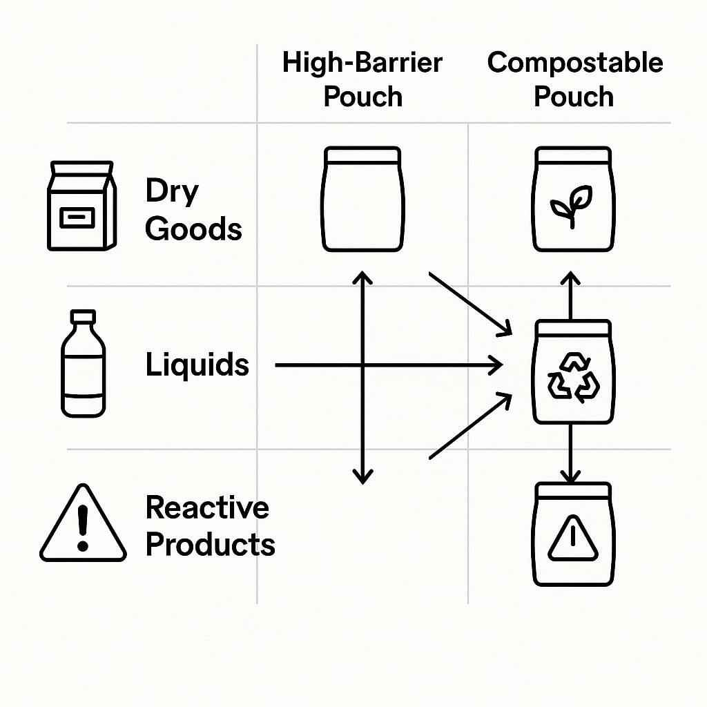 Graphic decision matrix showing product types (dry goods, liquids, reactive products) matched to sustainable packaging options like high-barrier, compostable, recyclable pouches, with simple icons and arrows.