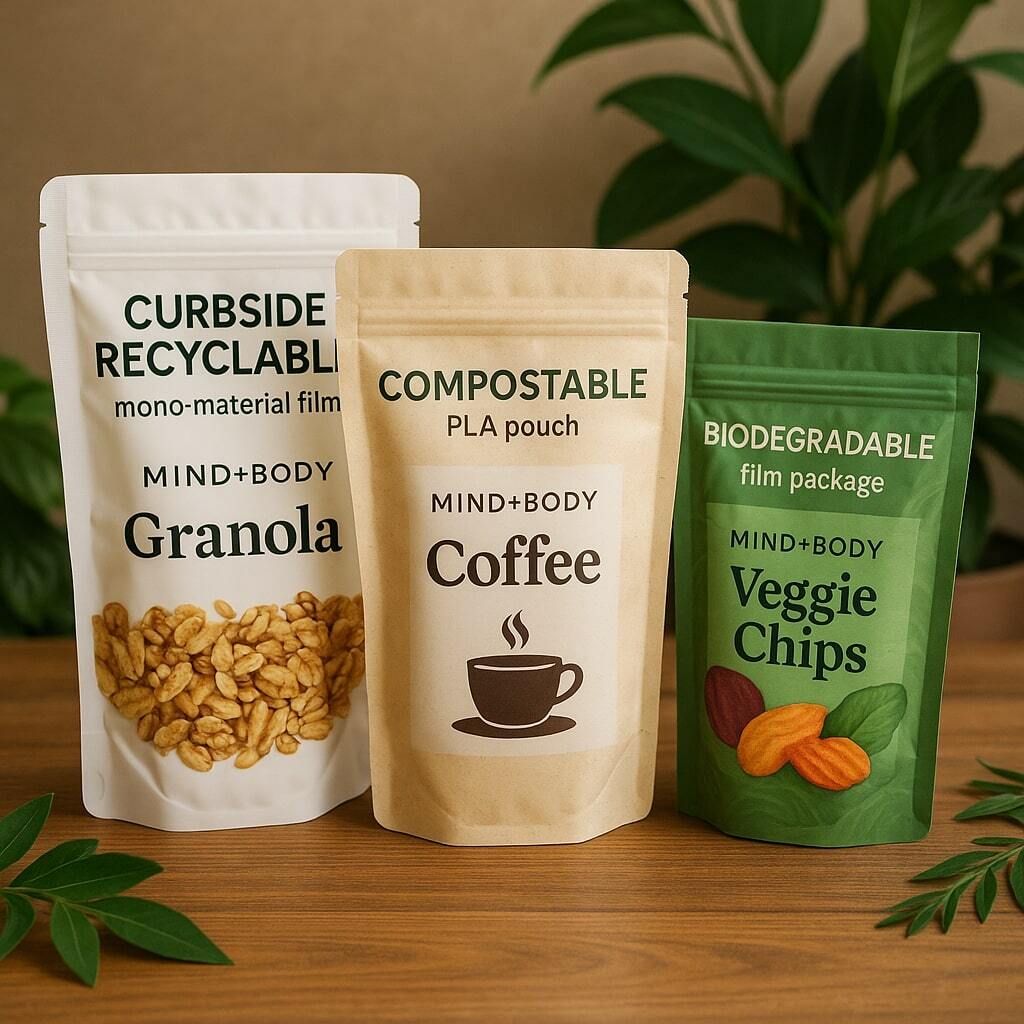 Close-up of different flexible packaging pouches highlighting sustainable features: curbside recyclable mono-material films, compostable PLA pouches, and biodegradable film packages, styled on a wooden table with green foliage accents.