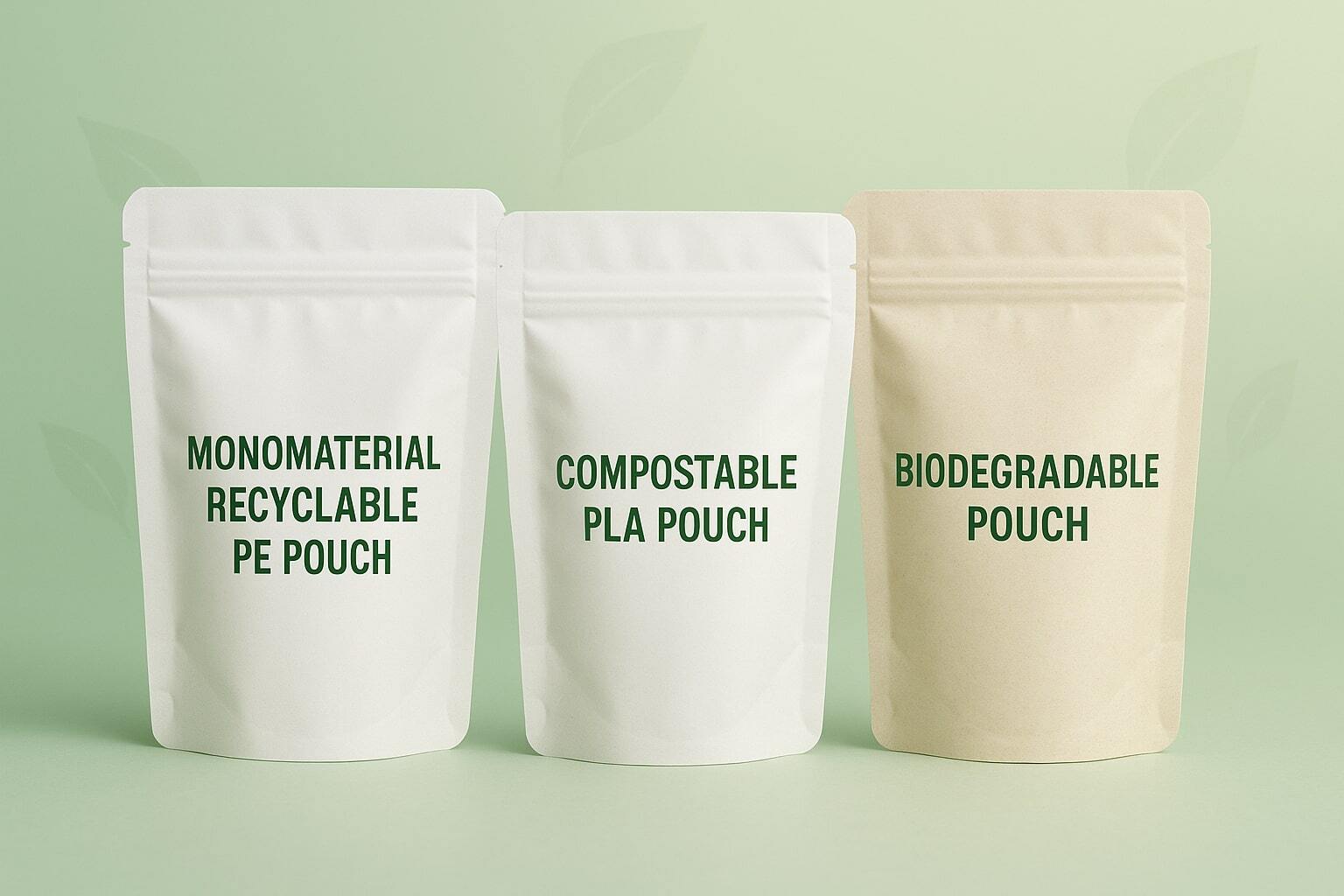 A slimmed-down banner featuring a lineup of sustainable flexible pouches—monomaterial recyclable PE film pouch, compostable PLA pouch, and biodegradable film pouch—against a soft green gradient with subtle leaf motifs.
