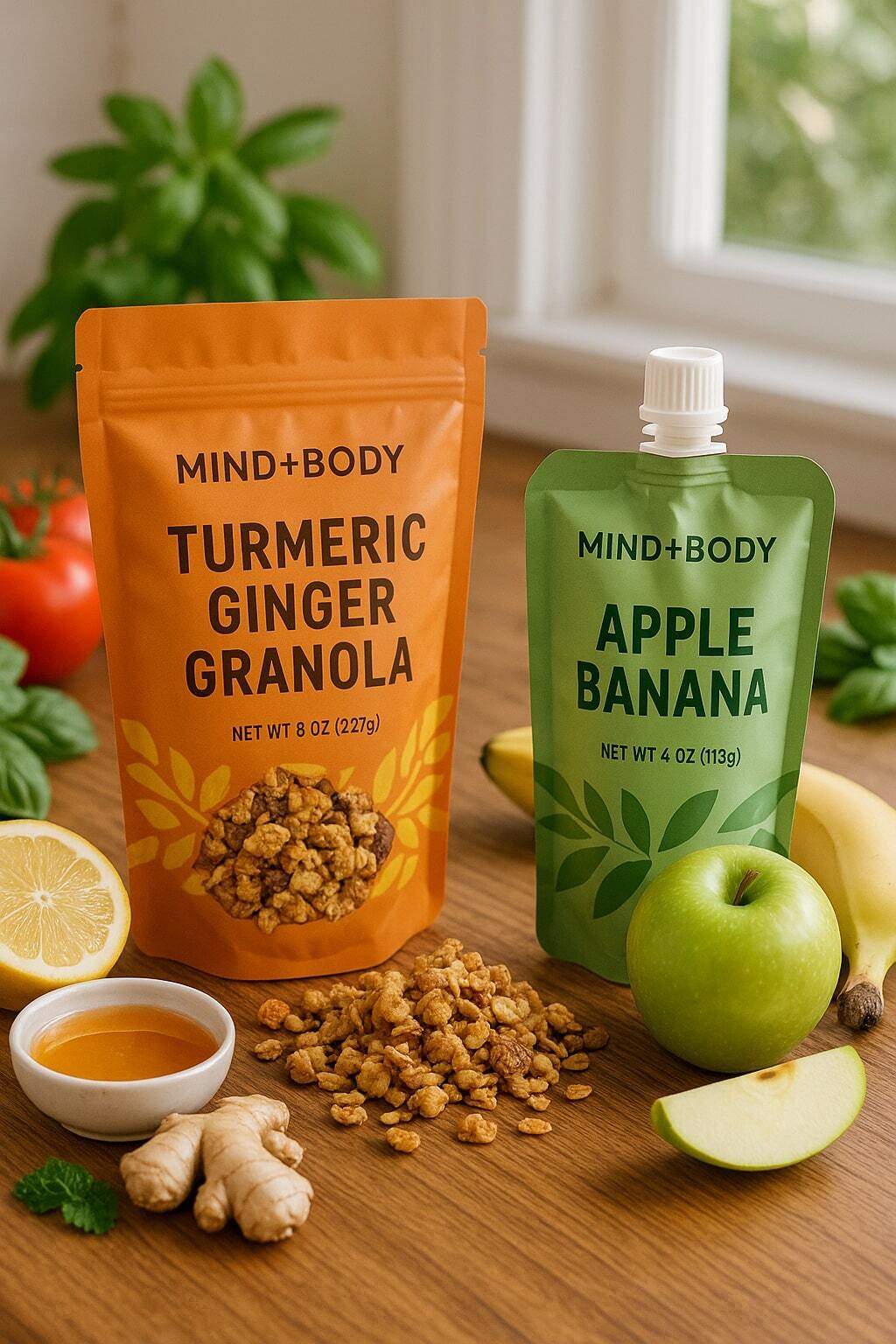 Lifestyle image showing resealable and spouted food pouches styled with ingredients.