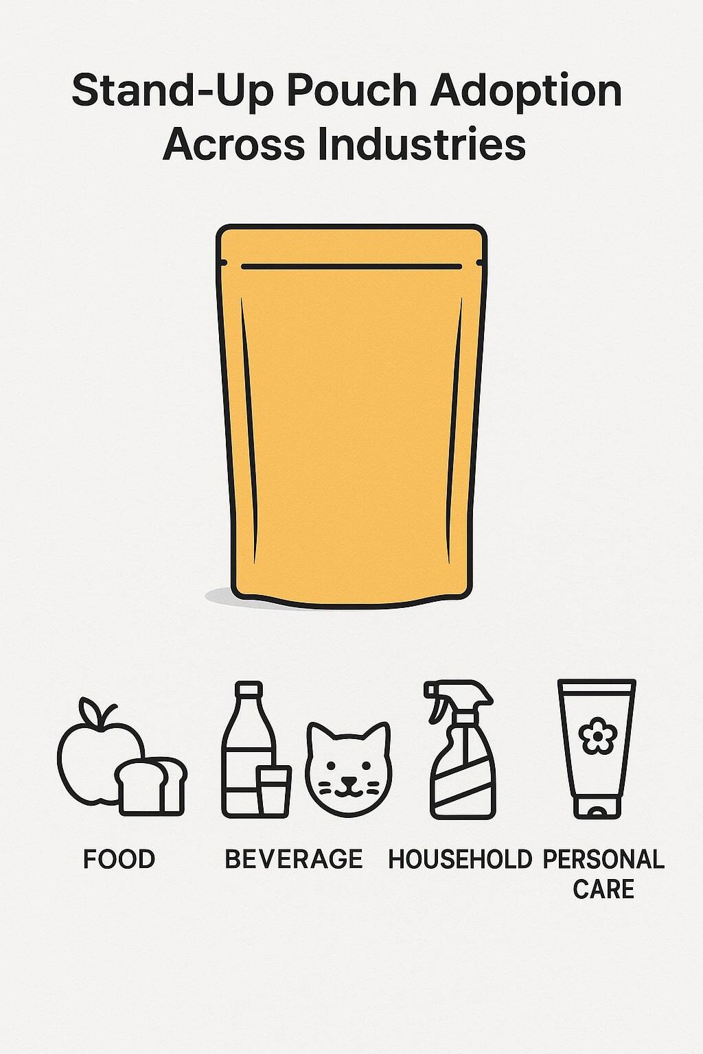 Overview illustration showing stand up pouch adoption across industries with icons for food, beverage, pet, household, and personal care.