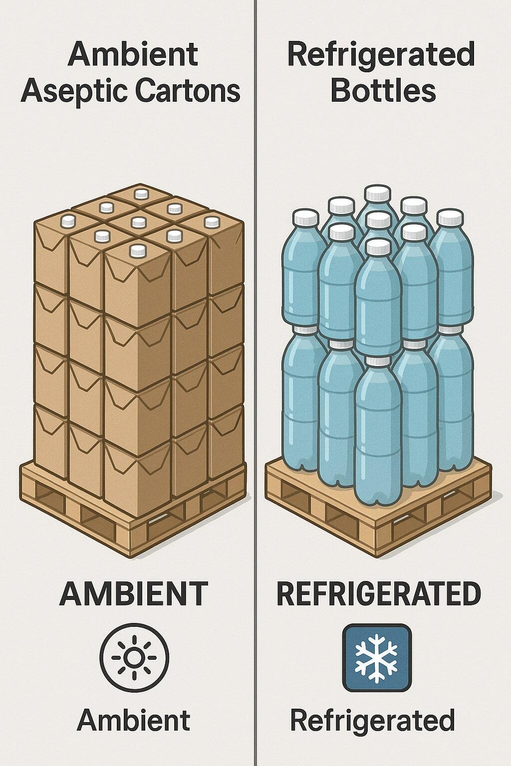 Side-by-side pallet comparison: ambient aseptic cartons vs refrigerated bottles for a cost mindset.