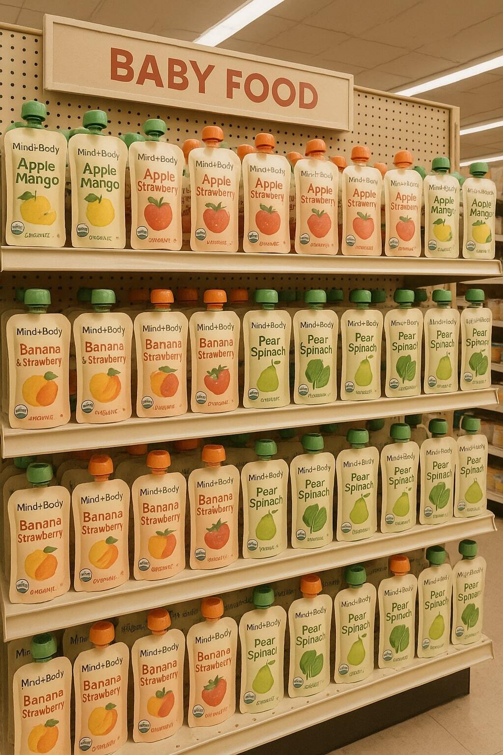 Baby food in aseptic spouted pouches displayed in a supermarket aisle.