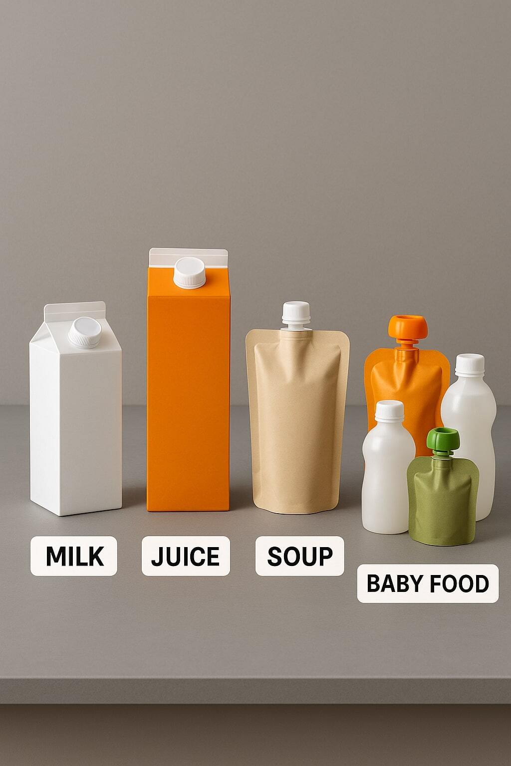 Variety of aseptic formats—cartons, spouted pouches, and lightweight bottles—arranged by use case.