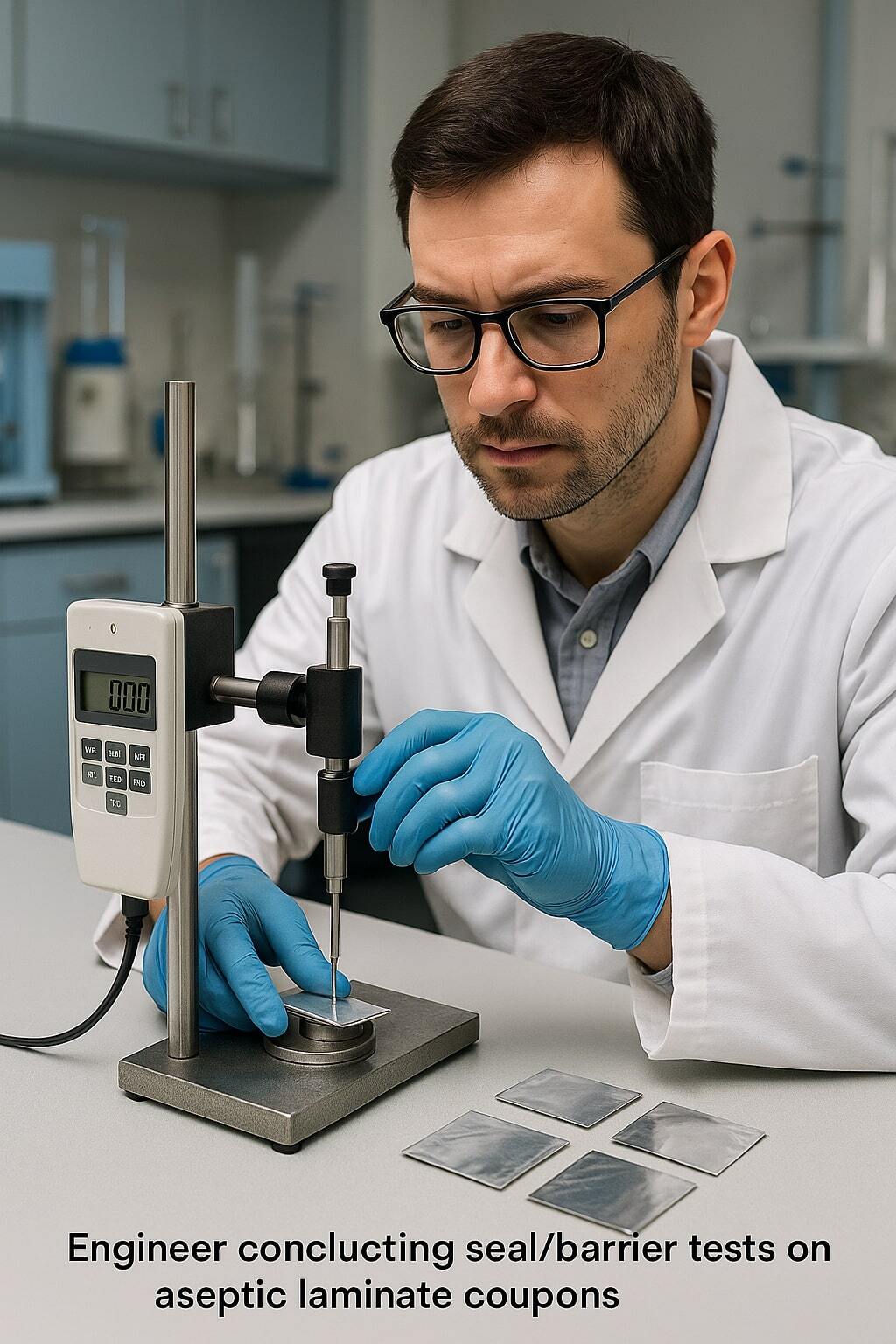 Engineer testing seal and barrier performance of an aseptic laminate in a lab.