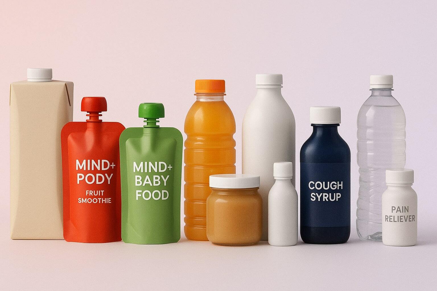 Slim banner showing a row of aseptic cartons, pouches, and bottles across categories.