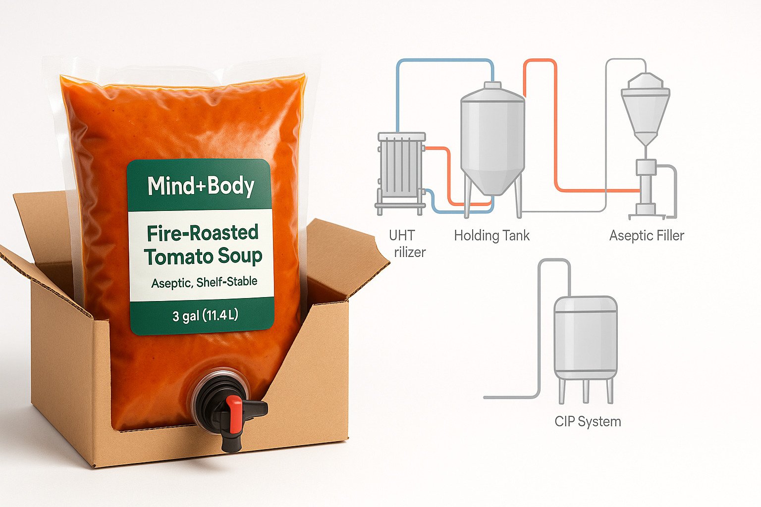Clear aseptic pillow pouch filled with orange sauce and a dispensing fitment for bag-in-box packaging