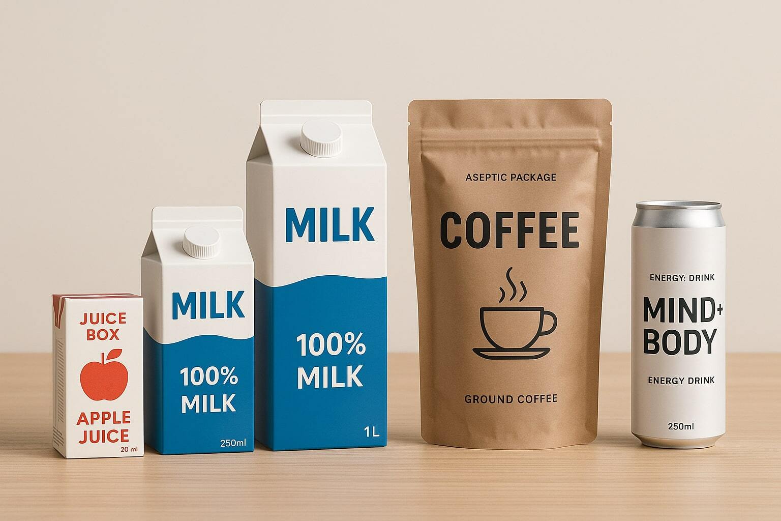 Examples of aseptic beverage packaging for juice, milk, coffee, and energy drinks.