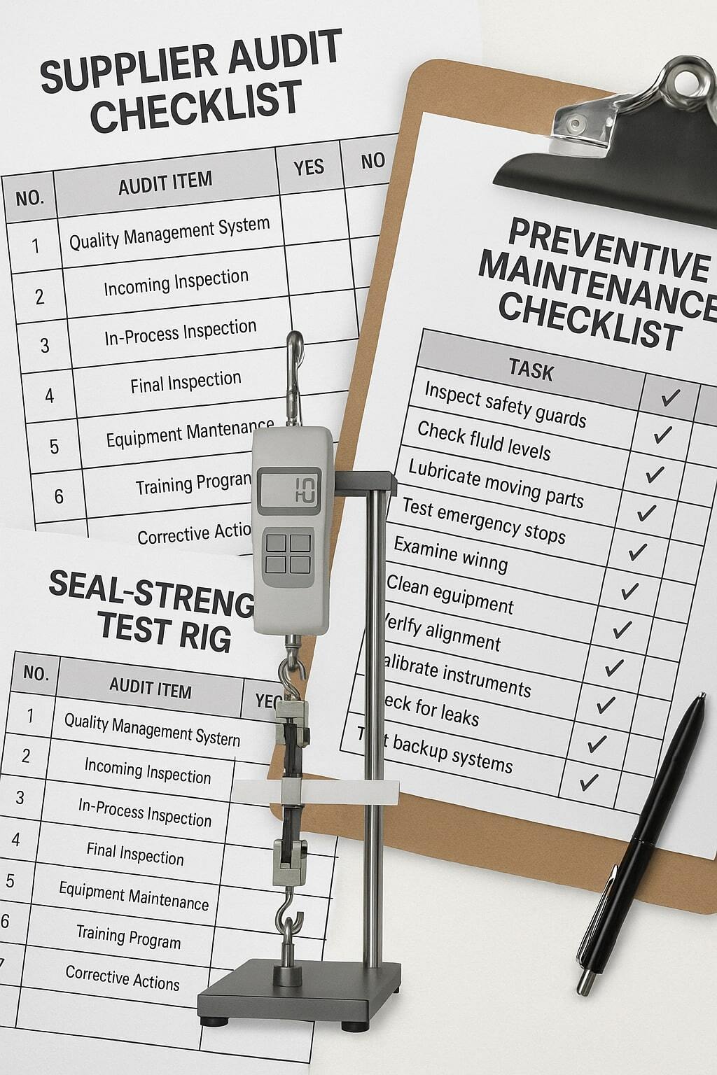 Collage showing supplier audits, seal testing, and preventive maintenance checklists.