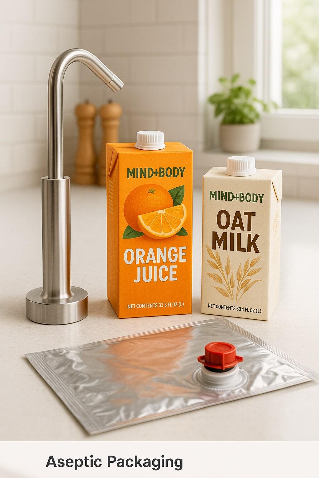 Lifestyle display of aseptic cartons of juice and milk alternatives beside bulk aseptic bags.