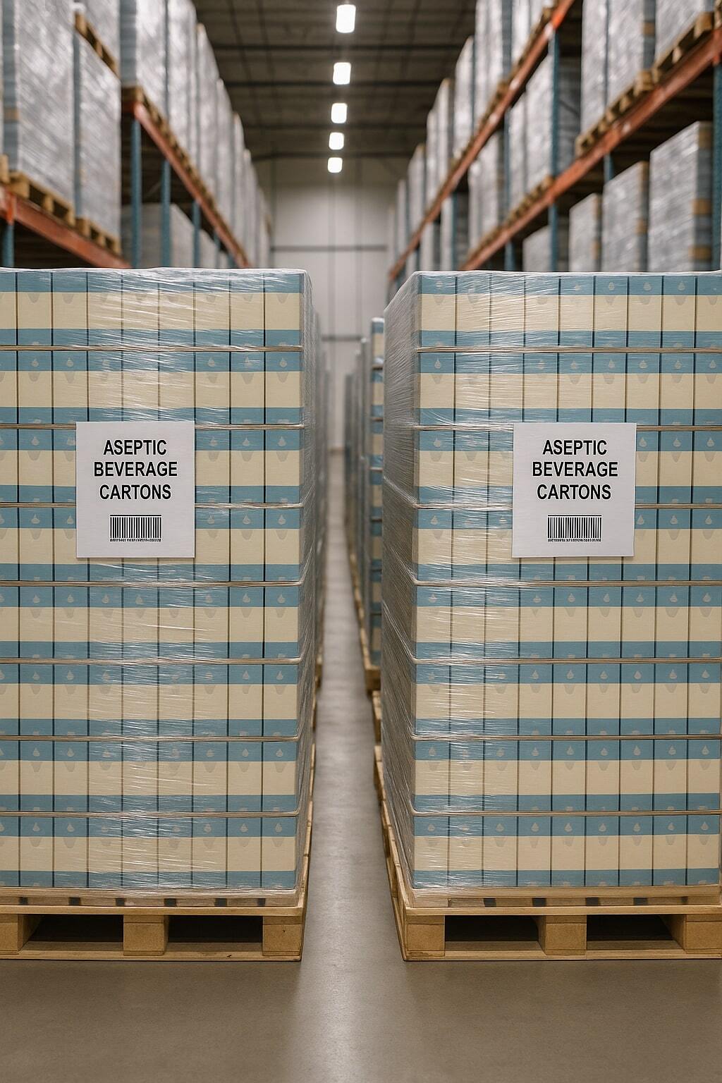 Palletized aseptic beverage cartons shrink-wrapped for export.