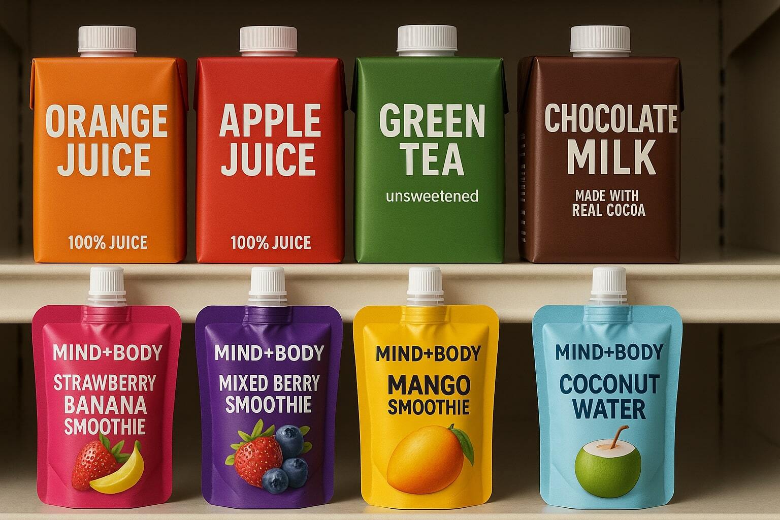 Aseptic beverage packaging including juice boxes, milk cartons, and cold brew packs.