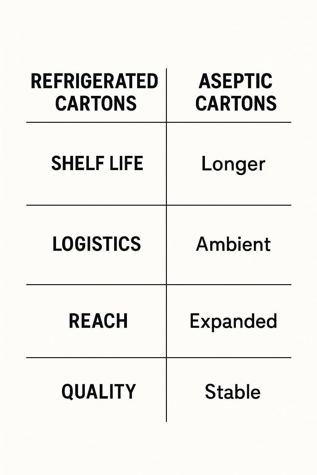 Grid comparing refrigerated and aseptic cartons across shelf life, logistics, reach, and quality.