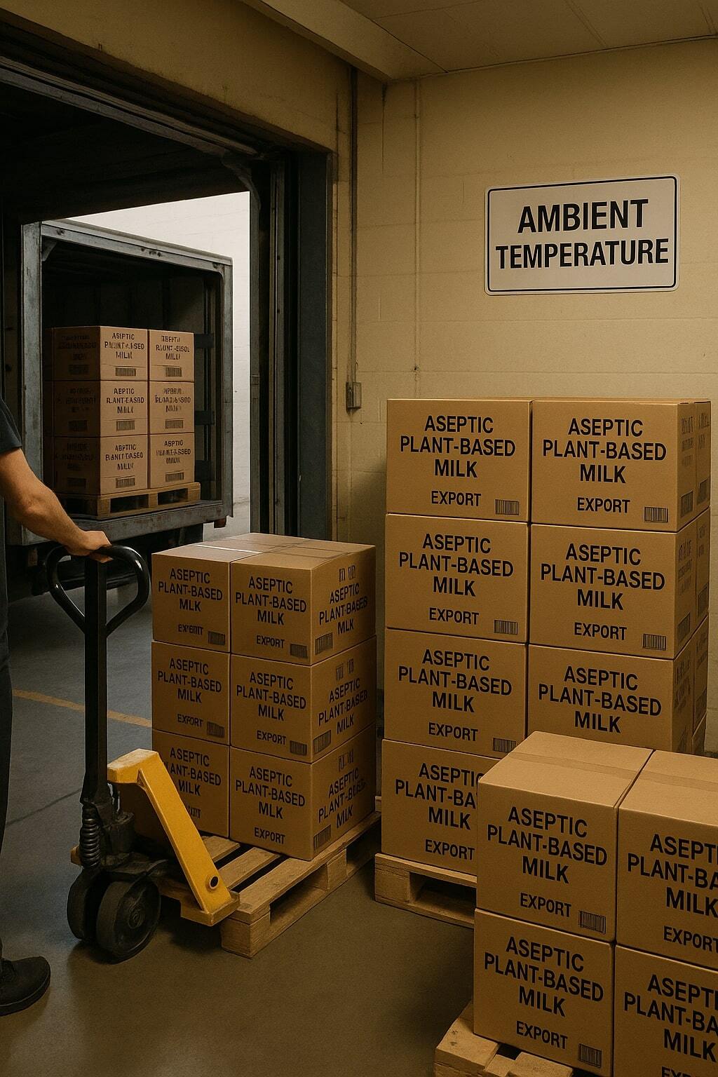 Export cartons of plant-based milk arriving at an international retailer's backroom.