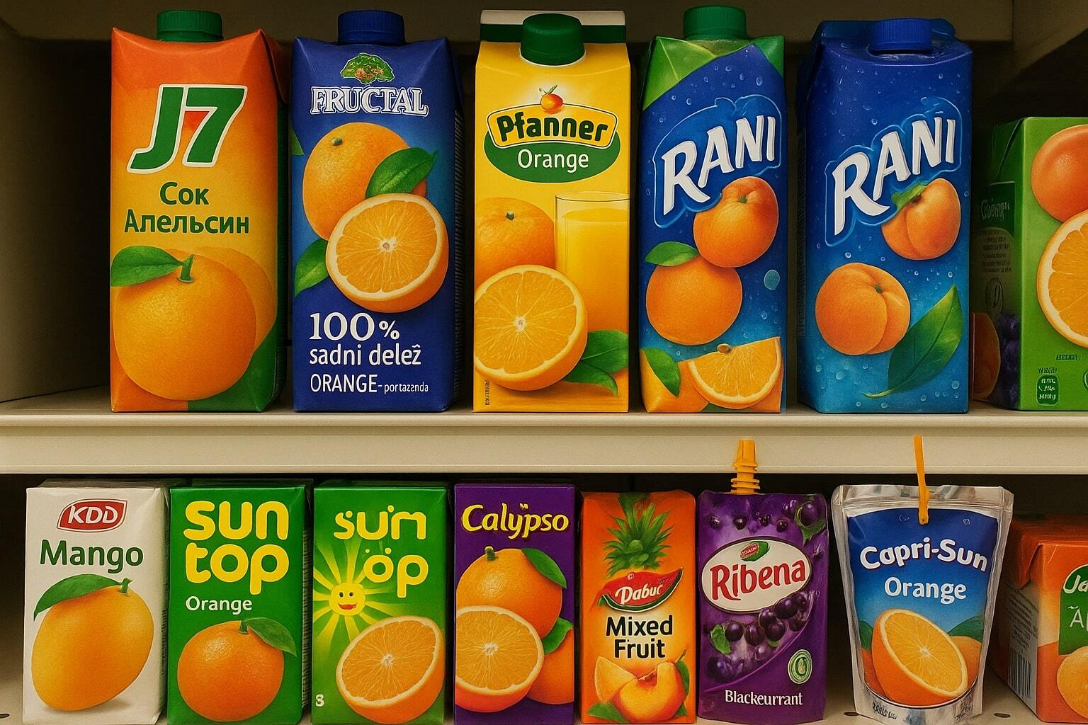 Aseptic juice packaging displayed on store shelves in international markets.
