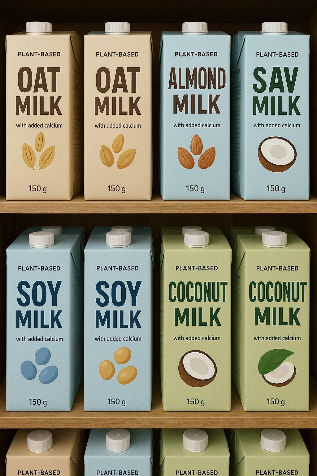 Plant-based milk cartons in aseptic packaging arranged neatly on a retail shelf.