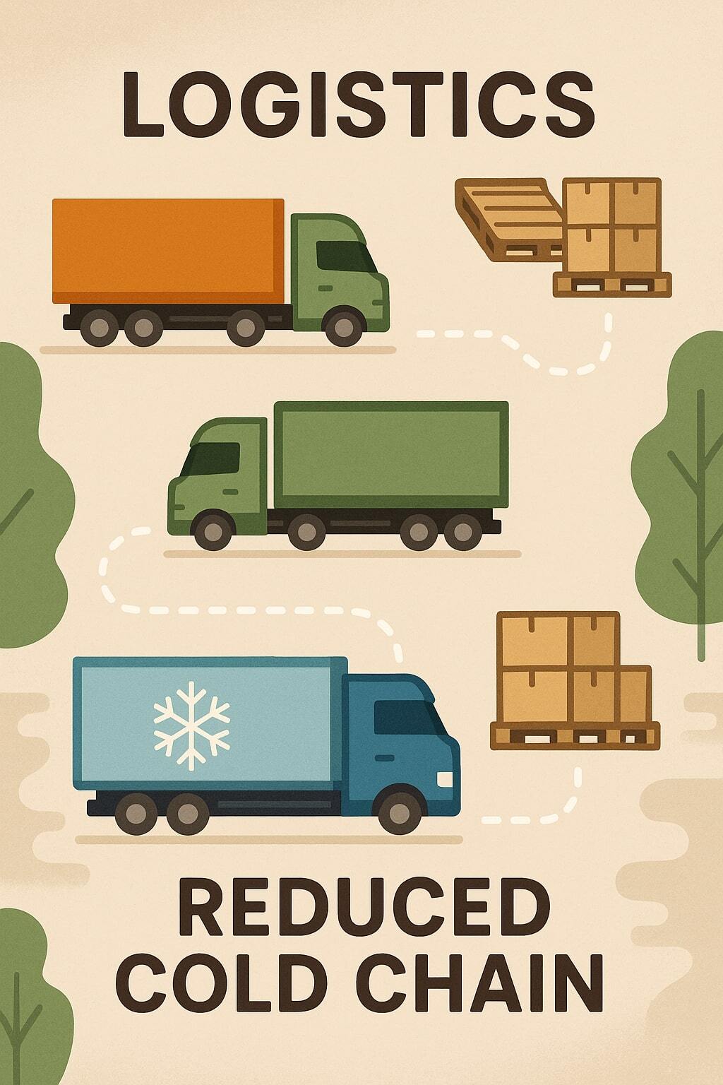 Logistics visualization with trucks and pallets illustrating reduced cold chain requirements.