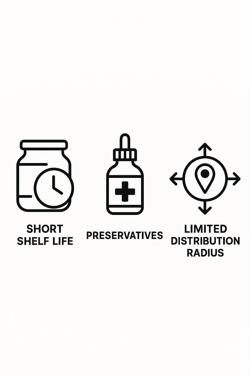 Icons representing short shelf life, preservatives, and limited distribution radius.