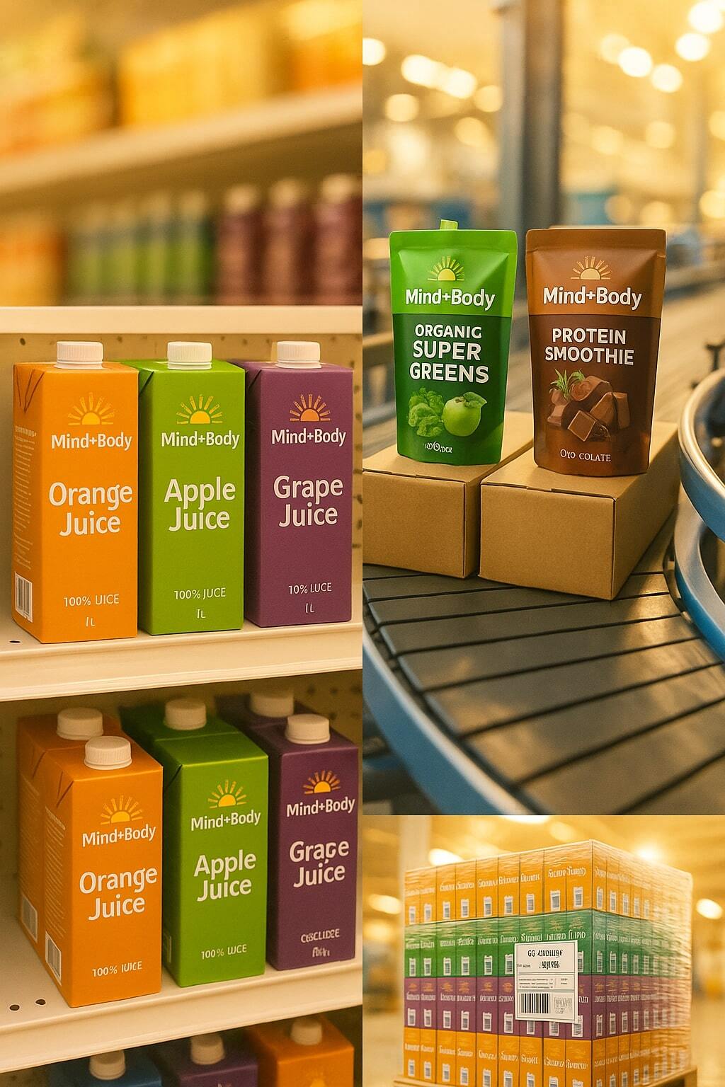 Case study collage showing juice in aseptic cartons, bags-in-box on a line, and pallets ready for export.