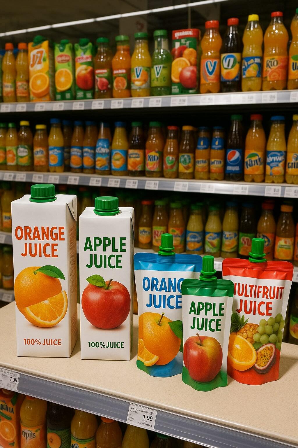 Juice cartons displayed in international supermarket aisles representing global expansion.