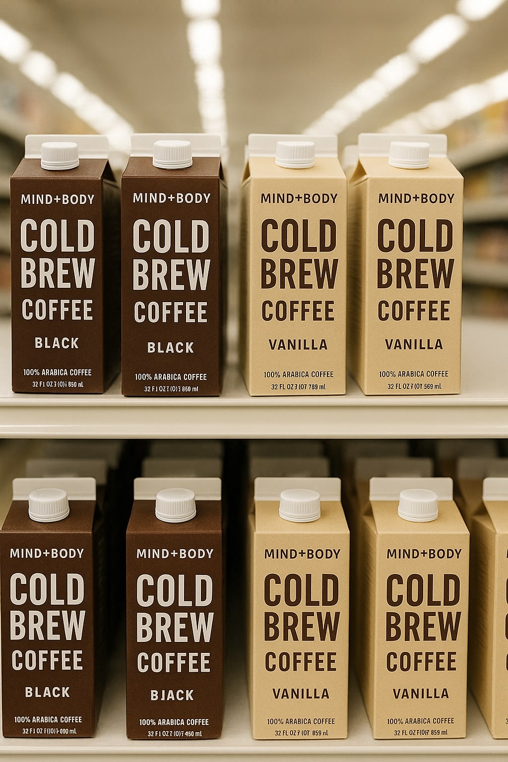 Cold brew coffee brand in aseptic cartons displayed on a retail shelf.