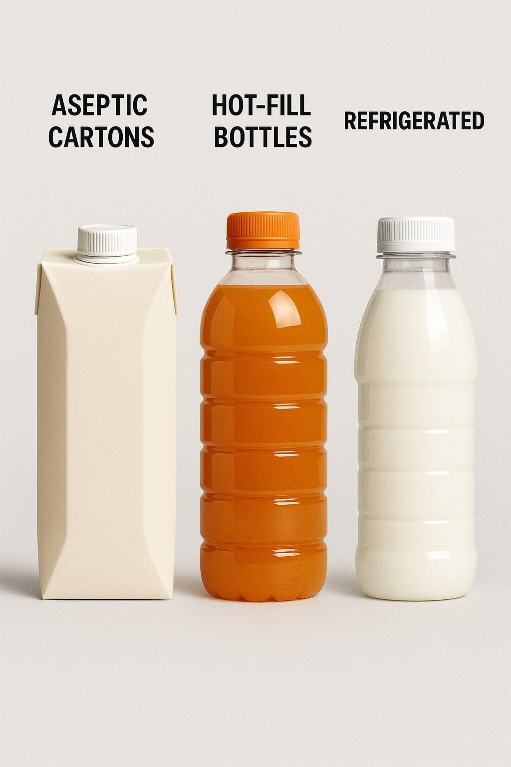 Side-by-side comparison of aseptic cartons, hot-fill bottles, and refrigerated beverage packages.