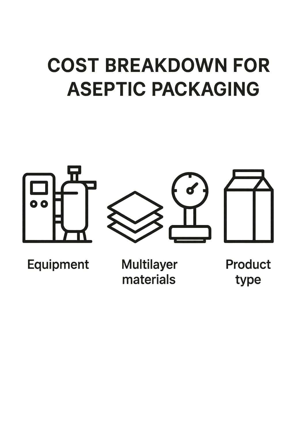 Icon set for aseptic costs: equipment, multilayer materials, volume scale, product type.