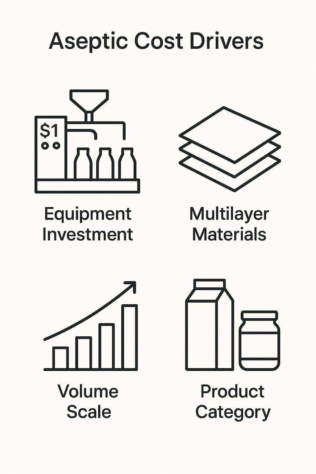 Clean infographic listing aseptic packaging cost drivers: equipment, materials, volume, and product category.