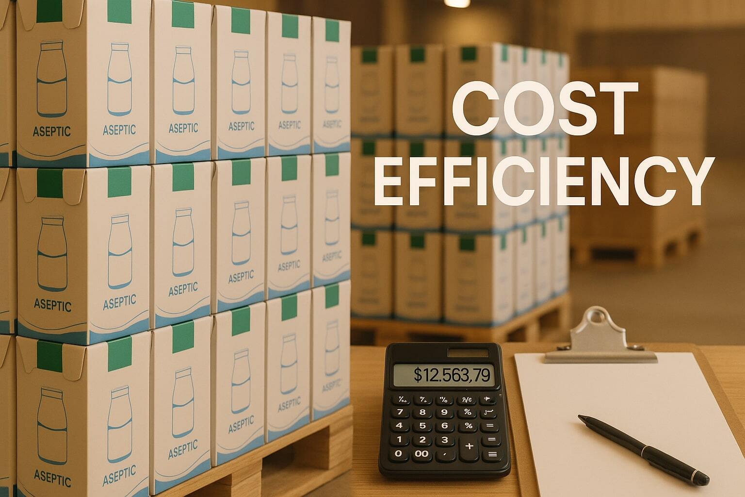 Slim banner showing pallets of aseptic cartons and a calculator implying cost efficiency.