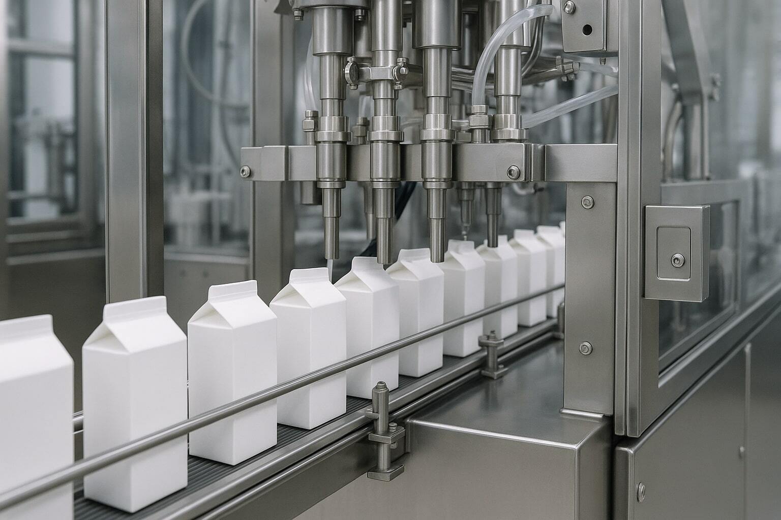 Aseptic beverage packaging line showing cartons being filled and sealed.