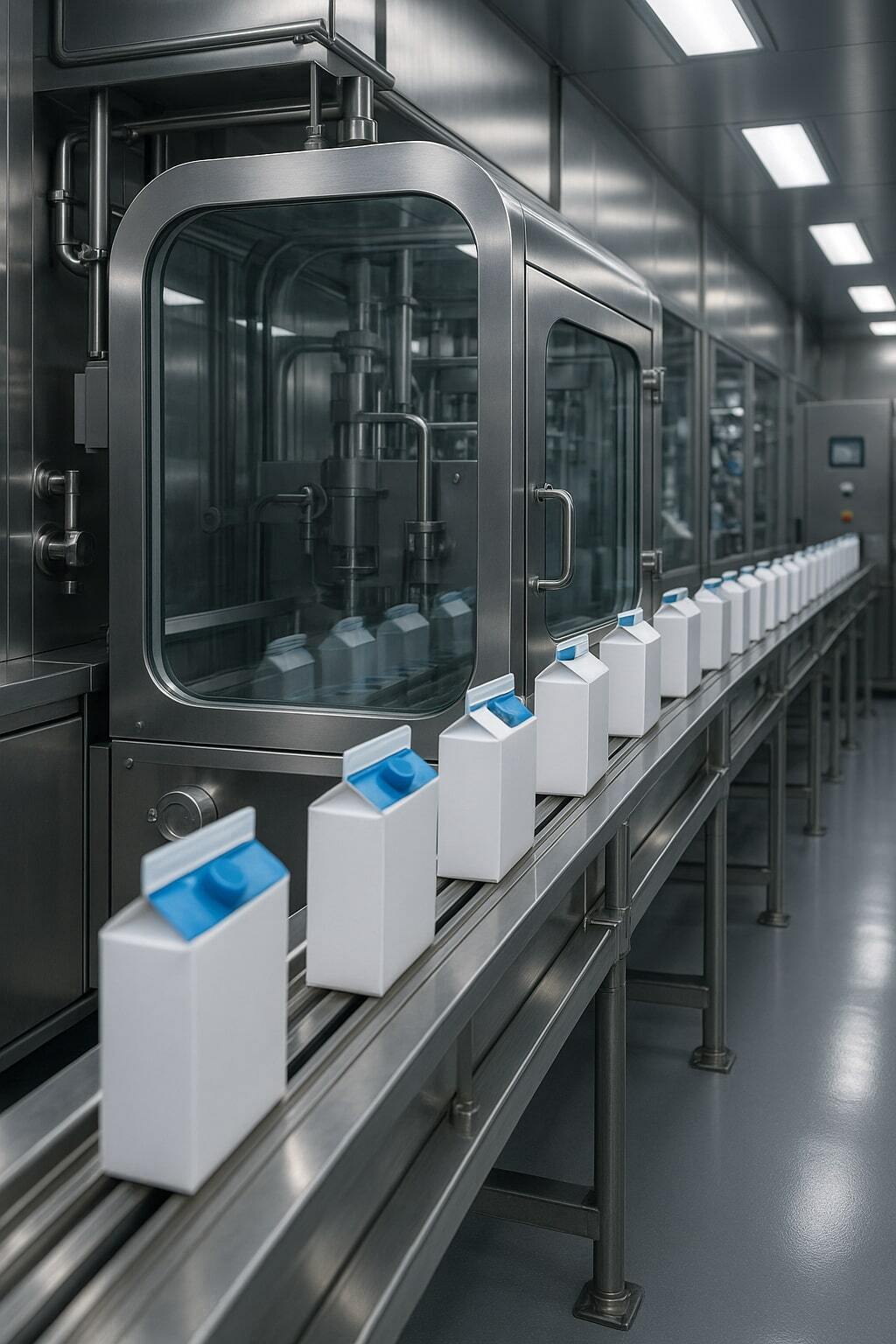 Aseptic production line with cartons moving through a sterile filling environment.