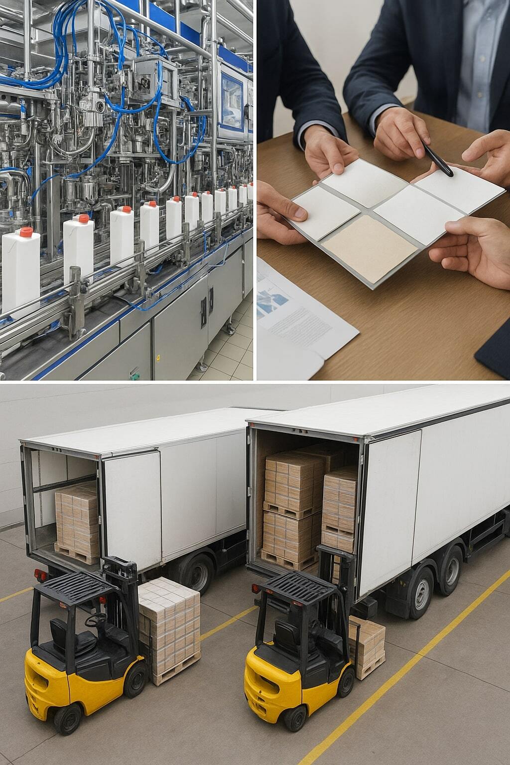 Collage showing high-volume production, carton material negotiation, and ambient logistics optimization.