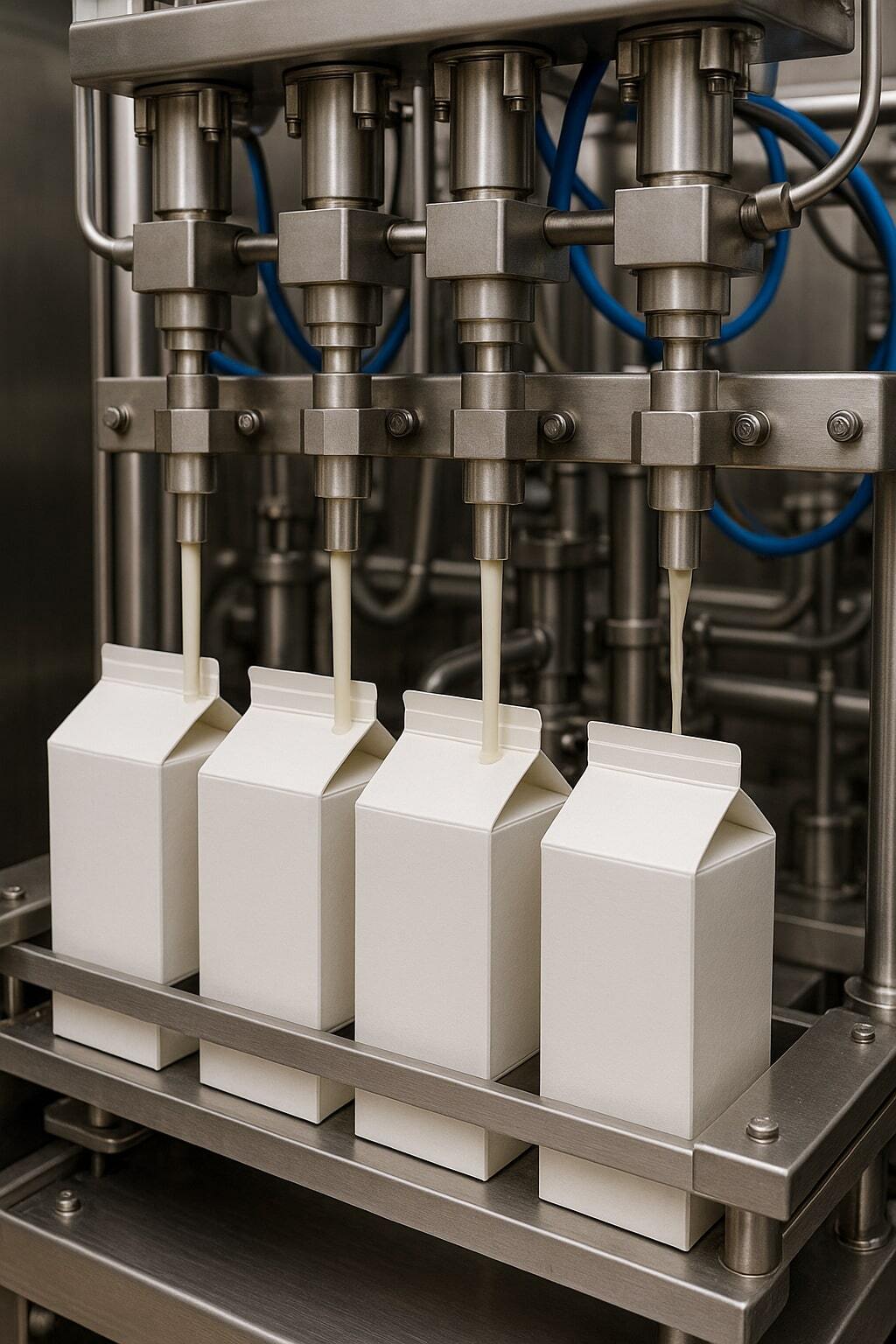 Automated aseptic beverage filling equipment with cartons moving along a production line.
