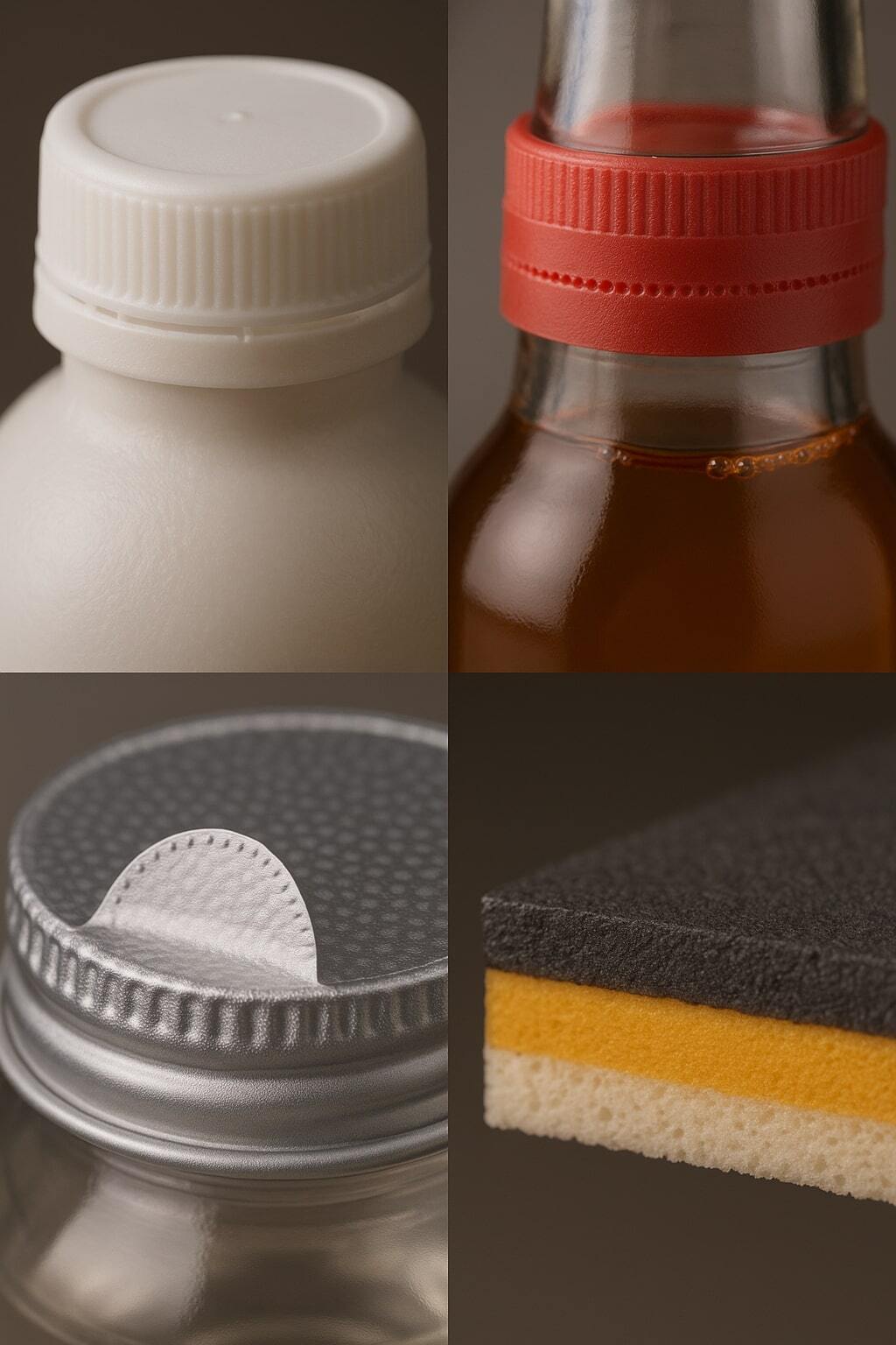 Close-ups of aseptic closures, tamper evidence, and barrier layers.