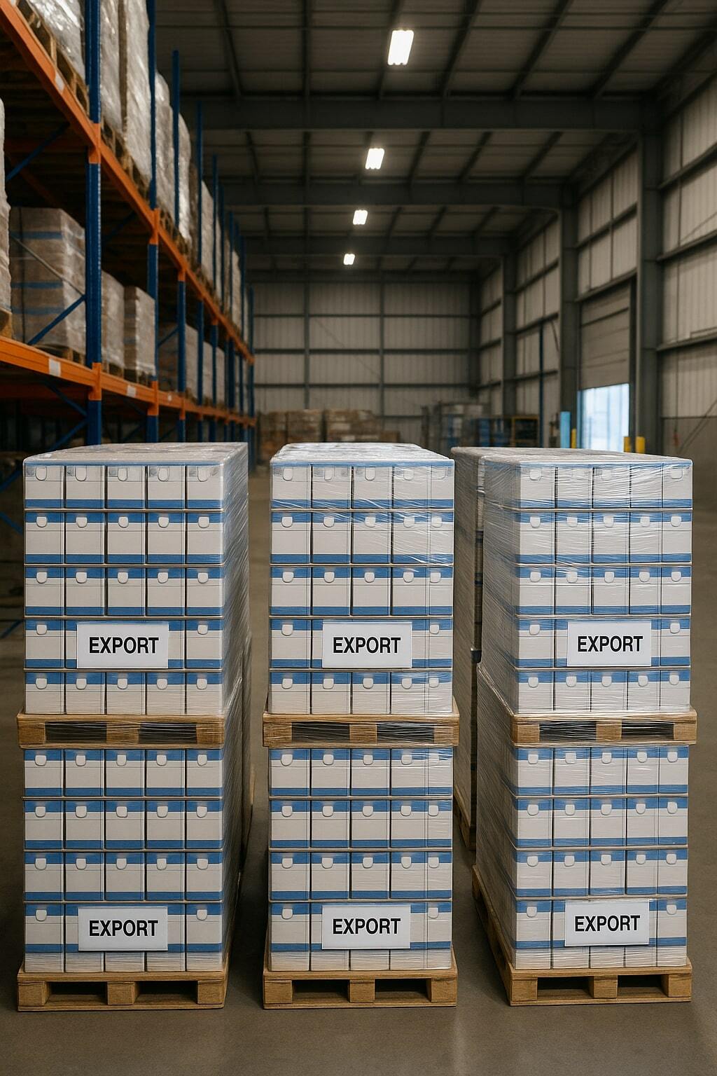 Shelf-stable aseptic products on a pallet ready for global shipment.