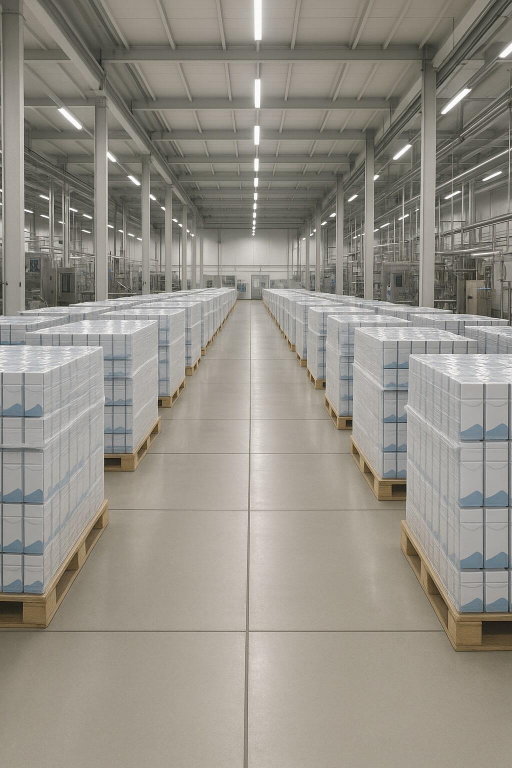 Clean factory aisle with sealed aseptic products stacked, representing long shelf life and growth.