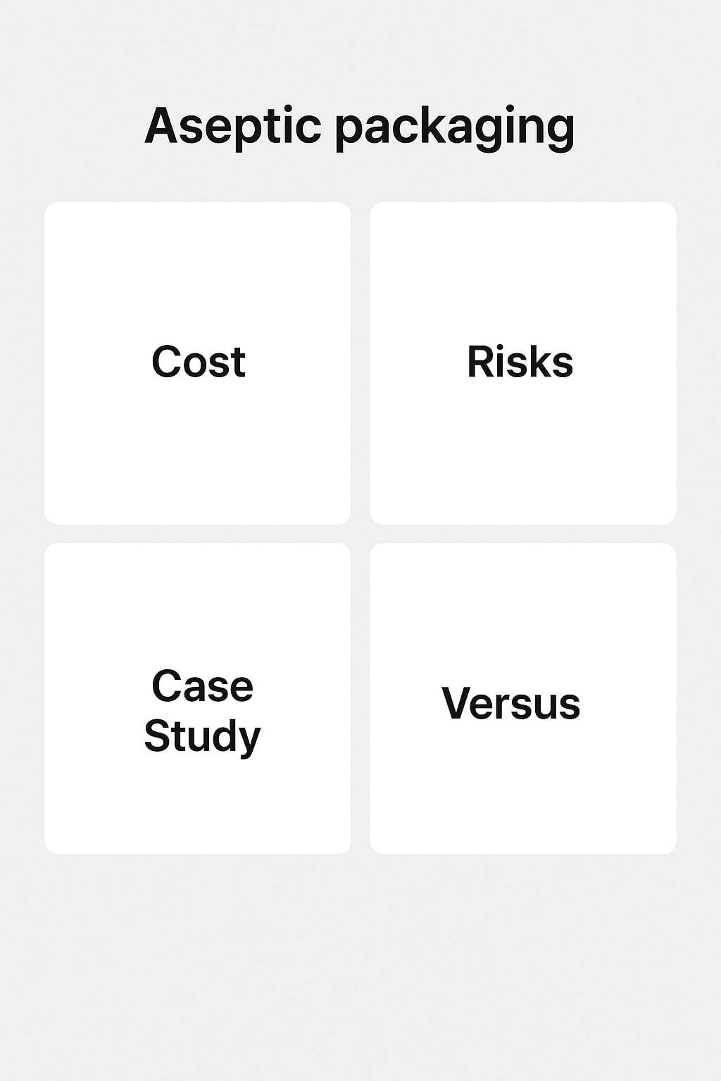 Grid of article tiles for cost, risks, versus, case study, and best uses related to aseptic packaging.