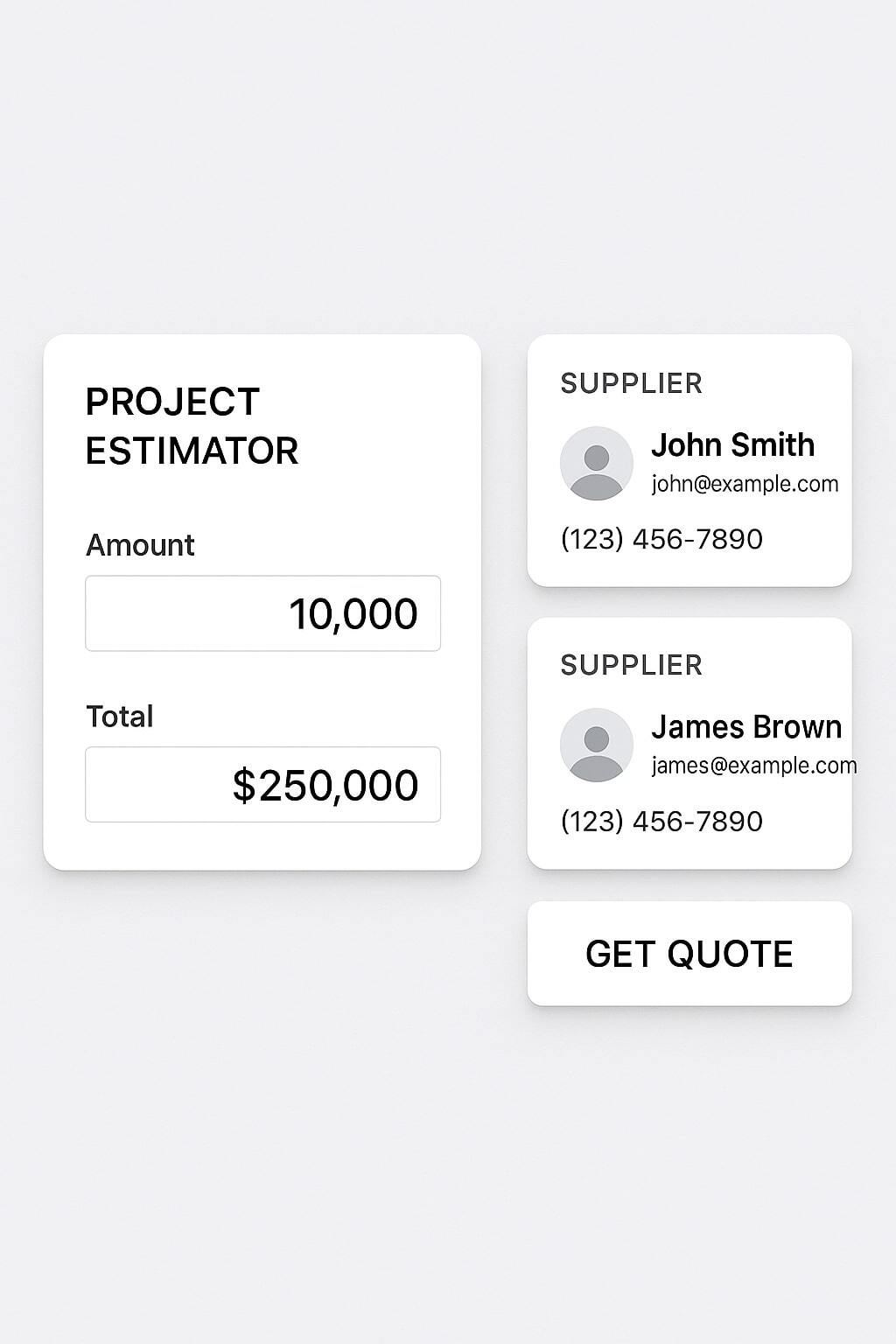 UI mockups for estimating aseptic projects and connecting with suppliers.