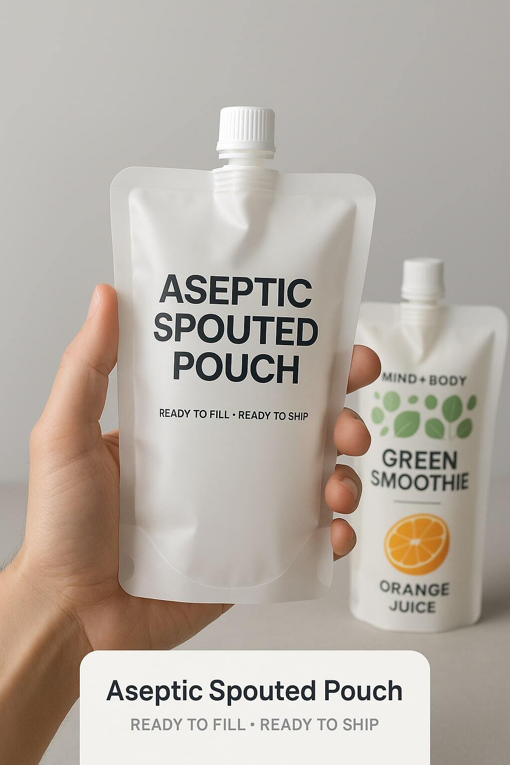 Hand holding a flexible aseptic pouch with a modern 'ready to fill, ready to ship' vibe.