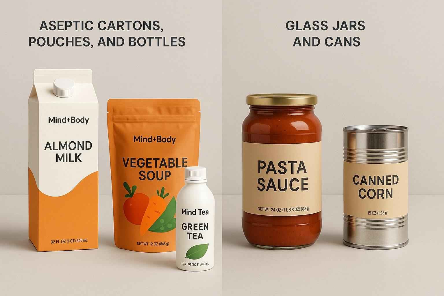 Side-by-side comparison of aseptic formats and traditional containers highlighting modern efficiency.