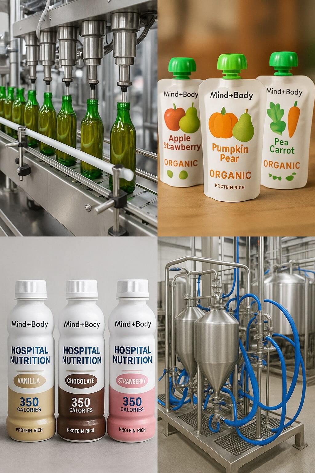Collage of beverage lines, baby food pouches, hospital nutrition, and industrial liquid handling.
