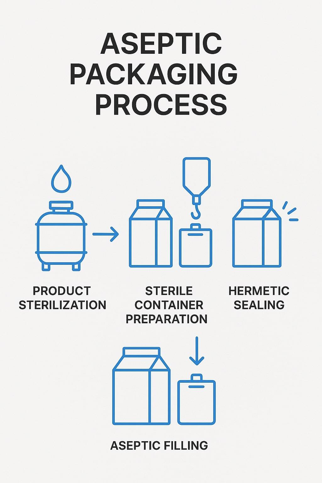Overview diagram of aseptic packaging showing sterilization, filling, and sealing steps with cartons and bags.
