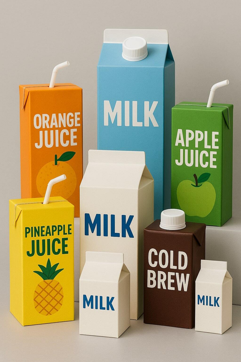 Assorted aseptic beverage packages including juice boxes, milk cartons, and cold brew packs displayed together.